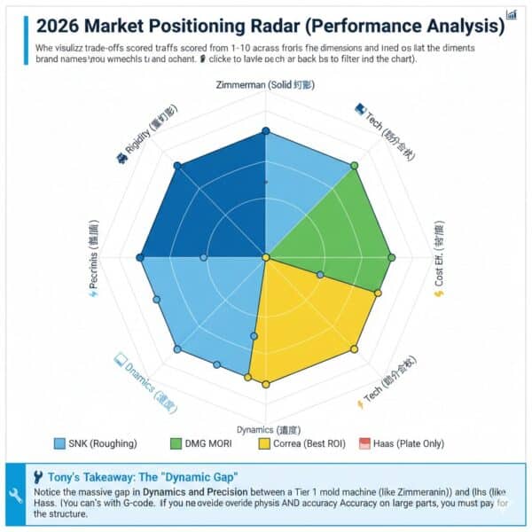 The 2026 Guide To Gantry Milling Machines: Top 10 Manufacturers The performance radar chart compares the rigidity, accuracy, and return on investment of Zimmermann, Nicolas Correa, and Haas CNC gantry milling machines