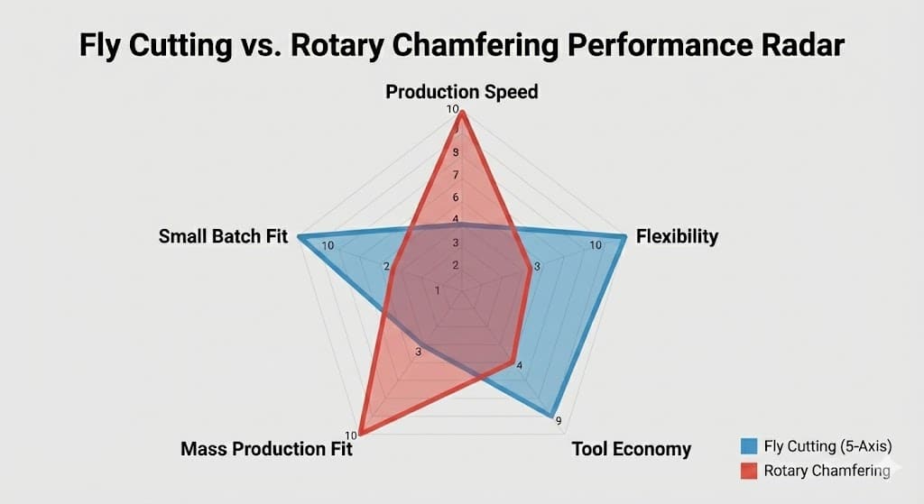 Choosing The Right Gear Chamfering Machine: The Ultimate Guide For High-Precision Automotive Manufacturing (2026 Edition) Radar chart comparing 5-axis Fly Cutting vs Rotary Chamfering capabilities. Rotary wins on Speed and Mass Production; Fly Cutting wins on Flexibility and Small Batch fit.