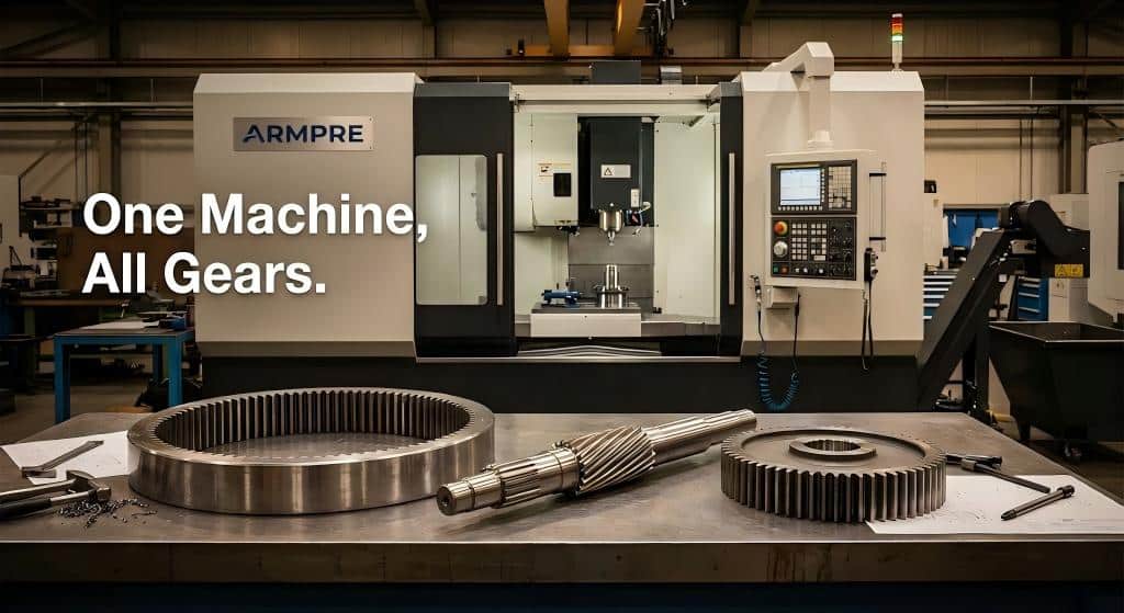 Hmlv Production Challenge: How To Achieve 30-Minute Changeovers Armpre HMLV gear chamfering machine workspace displaying Ring Gears, Shafts, and Spur Gears for quick changeover demonstration.