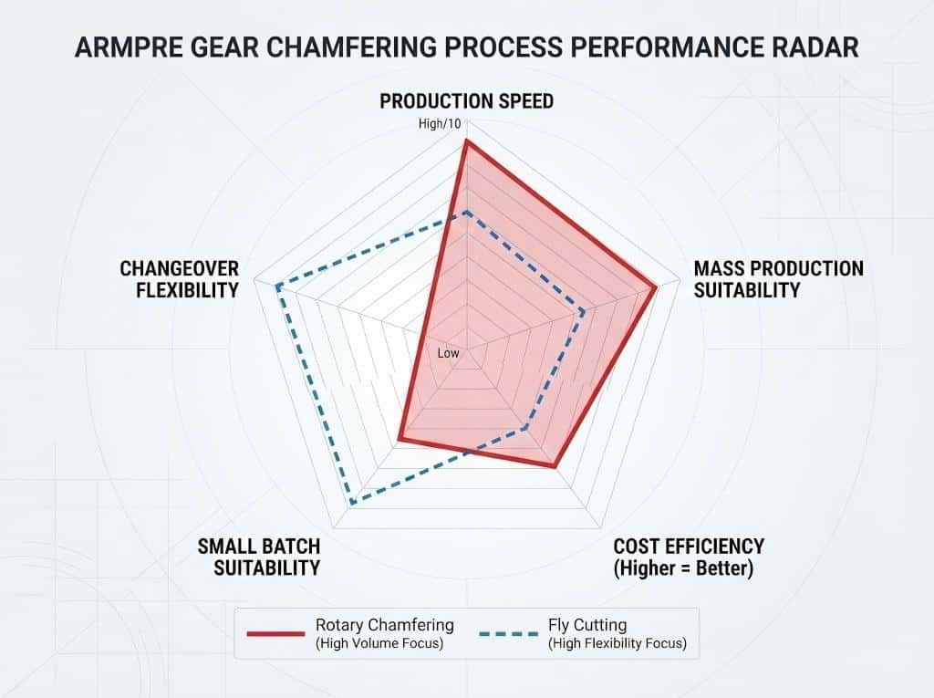 Case Study: How We Helped A Korean Auto Giant Conquer The 0.1Mm &Quot;Secondary Burr&Quot; Challenge Radar chart comparison between 5-Axis Fly Cutting and Rotary Extrusion Chamfering showing efficiency vs flexibility trade-offs.