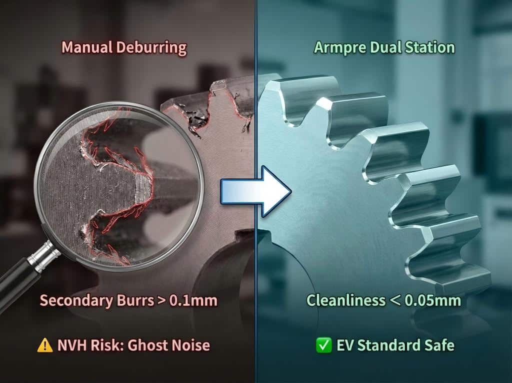 Case Study: How We Helped A Korean Auto Giant Conquer The 0.1Mm &Quot;Secondary Burr&Quot; Challenge Comparison of raw automotive gear with secondary burrs vs Armpre precision chamfered gear with 0.01mm root cleanliness for EV transmission.