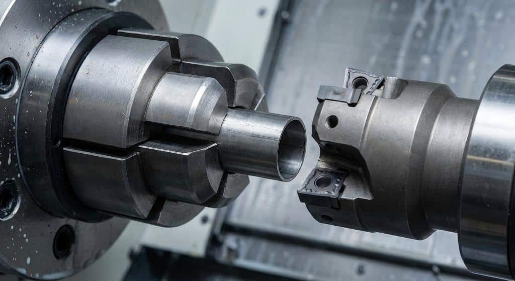 Detailed view of pipe chamfering machine clamping fixture and cutting head processing a thin-wall stainless steel tube.