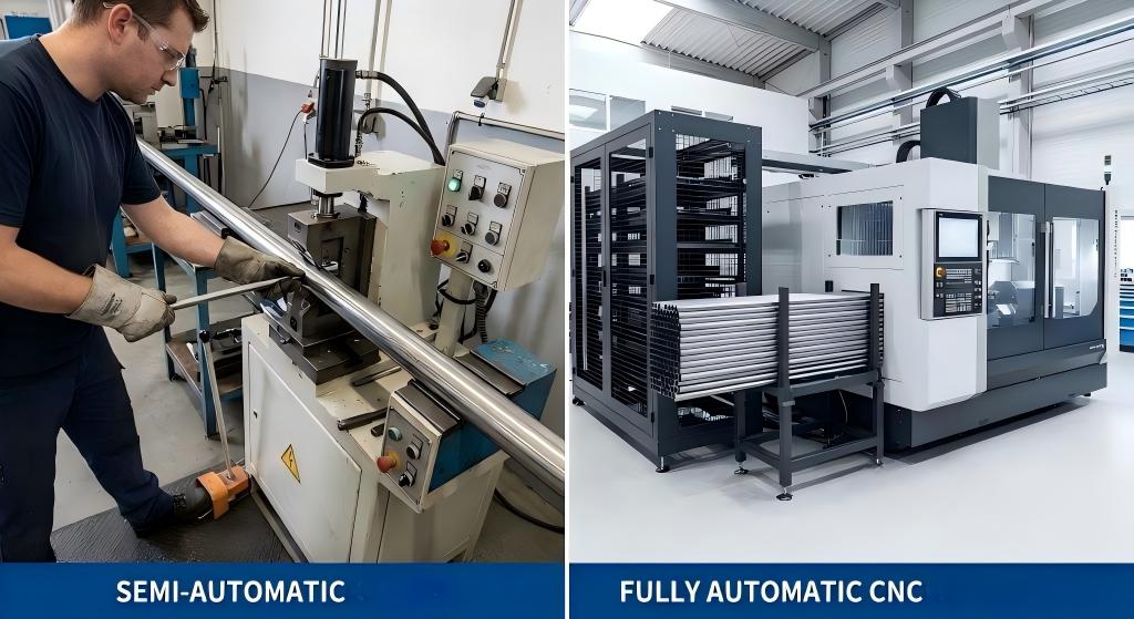 Comparison of semi-automatic hydraulic pipe beveler and fully automatic CNC chamfering line with BTM loader.