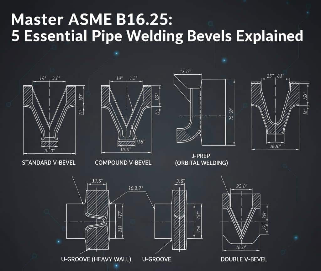 Say Goodbye To Manual Grinding: The True Roi &Amp; Cost Standards Of Automatic Pipe Chamfering Machines Technical diagram illustrating 5 essential ASME B16.25 pipe welding bevels, including Standard V-Bevel, Compound V-Bevel, J-Prep, and U-Groove.